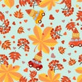 Seamless pattern with red berries, hearts, cars, baskets with berries and autumn leaves of orange, red and yellow