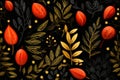 seamless pattern with red berries and leaves on black background Royalty Free Stock Photo