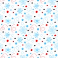 Seamless pattern of red, black and blue confetti and snowflakes. Vector illustration of winter symbols