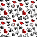 Seamless pattern red-black-white freehand drawing with a set of elements symbolizing love, spring, wedding. Butterfly flutters Royalty Free Stock Photo