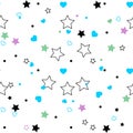 Seamless pattern with red, blue and black stars, hearts on white background. Vector illustration Royalty Free Stock Photo