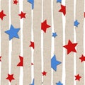 Seamless Pattern - Red and Blue stars on white striped vertical background Seamless Pattern Royalty Free Stock Photo