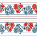 Seamless pattern of red and blue wild flowers a white background with red and blue horizontal stripes. Watercolor Royalty Free Stock Photo