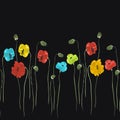 Seamless Pattern Of Red, Blue, Yellow Flowers On The Black Background. Watercolor -2