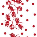 Seamless pattern of red branches with leaves and polka dots