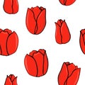 Seamless pattern with red buds of tulips on a white background. Hand drawing in cartoon style. Vector illustration.