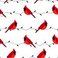 Seamless pattern with red cardinal and branches. Flat design style. Vector background Royalty Free Stock Photo