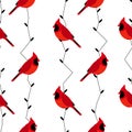 Seamless pattern with red cardinal and branches.