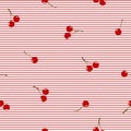 Seamless pattern with red cherries and blue lines on white background Royalty Free Stock Photo