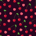 Seamless pattern of red cherries, vector illustration of ripe berries, wallpaper Royalty Free Stock Photo