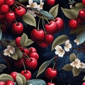 seamless pattern with red cherry berries on branches of a flowering tree white flowers on black background Royalty Free Stock Photo