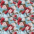 seamless pattern with red cherry berries on the branches of a flowering tree white flowers on blue background Royalty Free Stock Photo