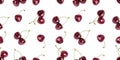 Seamless pattern of red cherry berries on white background isolated close up, beautiful burgundy bing cherries berry ornament Royalty Free Stock Photo