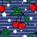 Seamless Pattern of red cherry with leaves, Fruit berry pattern, Sweet cherry on blue background Royalty Free Stock Photo