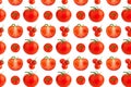 Pattern of red cherry tomatoes on white background isolated, colorful cut and whole tomato wallpaper, fresh vegetables Royalty Free Stock Photo