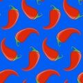 Seamless pattern, red chili jalapeno peppers on a blue background