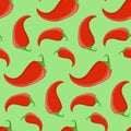 Seamless pattern, red chili jalapeno peppers on a green background, vector for textiles, wallpaper and wrapping paper