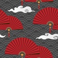 Seamless pattern of red Chinese folding fans on Chinese wave circle background. Design for Chinese New Year. Royalty Free Stock Photo