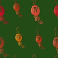 Seamless pattern with red Chinese lanterns on green background. Traditional New Year print. Packaging, wallpaper, textile, fabric Royalty Free Stock Photo