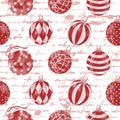 Seamless pattern of red christmas balls on a white background. Female handwriting in ink. Vector illustration Royalty Free Stock Photo