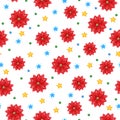 Seamless pattern with red Christmas flowers and stars on a white background. Cute print for textiles.