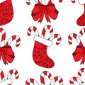 Seamless pattern red Christmas sock with various ornaments, curls and swirls on a white background. In sock Christmas candy canes Royalty Free Stock Photo