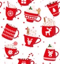 Seamless pattern. Red cup with a hot drink. Christmas cute card. Vector illustration