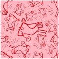 Seamless pattern red doodle bird with cherry on pink background