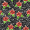 Seamless Pattern - Red exotic flower on green glitters background Royalty Free Stock Photo