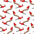 Seamless pattern of red female open shoes. Vector illustration.