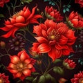 Seamless pattern of red flowers on black background