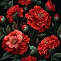 Seamless pattern of red flowers on black background