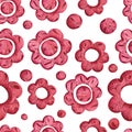 Seamless pattern with red flowers and circles on white isolated background drawing with penball. Royalty Free Stock Photo