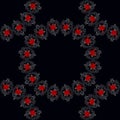 Seamless pattern with red flowers, leaves and berries on black background. Fashion design for fabric, textile, wrapping Royalty Free Stock Photo