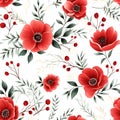 Seamless Pattern Red Flowers And Leaves Swirling On A White Background ,water Color, AI Generated
