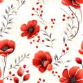 Seamless Pattern Red Flowers And Leaves Swirling On A White Background ,water Color, AI Generated