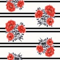 Seamless pattern of red flowers of peony on a white background with black double horizontal stripes. Watercolor