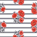 Seamless pattern of red flowers of peony on a white background with black and gray horizontal stripes. Watercolor -1 Royalty Free Stock Photo