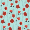 Seamless pattern of red flowers of poppies on a light blue background. Watercolor Royalty Free Stock Photo