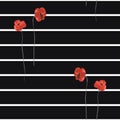 Seamless pattern of red flowers of poppy on the black background with white horizontal stripes. Watercolor Royalty Free Stock Photo