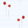 Seamless pattern of red flowers of poppy on a light blue background with white horizontal stripes. Watercolor Royalty Free Stock Photo