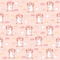 Seamless pattern with red funny shaggy monsters and yellow,pink and red ice creames,donuts and cakes on a pink background