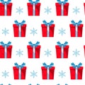 Seamless pattern red gift boxes with blue ribbon and bow on white background. Christmas, surprise, anniwersary concept Royalty Free Stock Photo