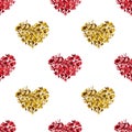 Seamless pattern red & golden hearts made of flower petals white background isolated, heart repeating ornament, valentines day Royalty Free Stock Photo