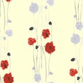 Seamless pattern of red and gray flowers of poppy on a light yellow background. Watercolor Royalty Free Stock Photo