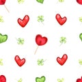 Seamless pattern of red, green hearts and green leaves. Caramels in the shape of heart. Lollipop on stick. Clover leaf Royalty Free Stock Photo