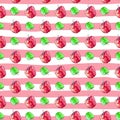 Seamless pattern with red and green watercolor apples on stripe