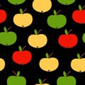 Seamless pattern. Red, green, yellow apples. Black background. Vegan or vegetarian. Healthy lifestyle. Nature and ecology.