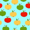 Seamless pattern. Red, green, yellow apples. Blue background. Vegan or vegetarian. Healthy lifestyle. Nature and ecology.