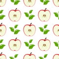 Seamless pattern with red half apples and leaves on white background. Organic fruit. Cartoon style. Vector illustration for design Royalty Free Stock Photo